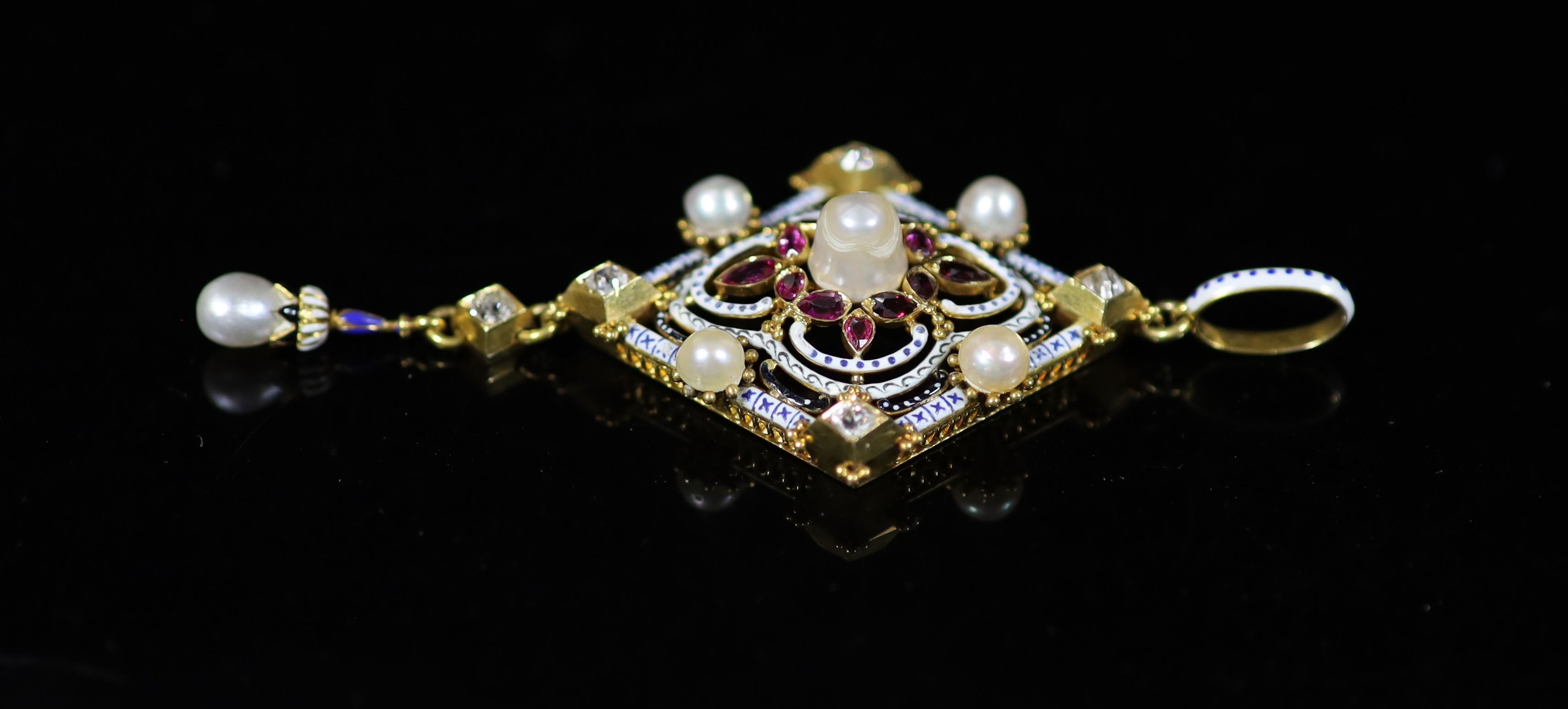 A good Victorian gold, three colour enamel, diamond, ruby and pearl set drop pendant, by Carlo Giuliano, circa 1870